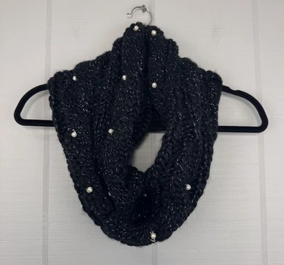 Betsey Johnson Black Silver Cable Knit Infinity Scarf Pearl Embellishments OS - Image 1 of 4