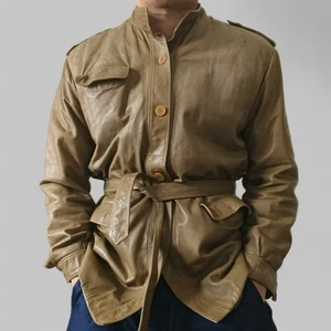 Valentino Vintage 80s Camel Beige Leather Plissee Back Military Field Jacket M - Bild 1 von 18