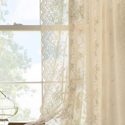 Beige Lace Curtains 54 Inch Length 2 Panels Set Country Vine Floral Scalloped - Image 1 of 4