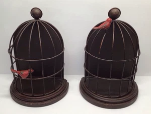 Rustic Metal Bird Cage with Red Birds Bookends Set 2 Cardinals - Picture 1 of 13
