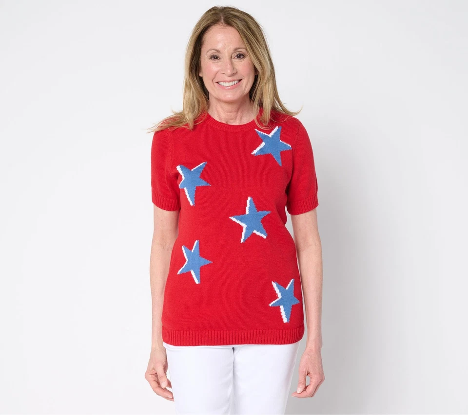 Denim & Co. 100% Cotton Short Sleeve Intarsia Sweater Rich Red S New - Image 1 of 1