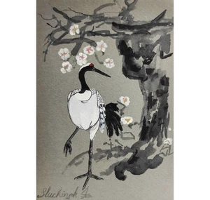 Peinture grue aquarelle ACEO art original Japon Sakura oeuvre oiseau art mural - Photo 1 sur 12