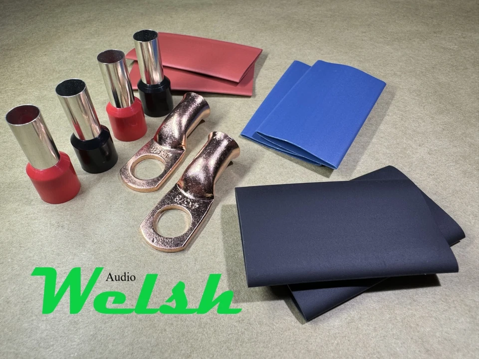 Paquete de 2/4/6... 2 orejetas de cobre (4ga, orificio de 3/8"), 4 férulas de alambre, 6 termorretráctiles Foto 1 de 1