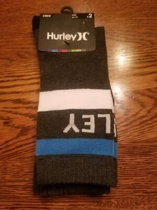 Hurley Kids 2 Pk Dark Grey Blue Crew Polyester Cushion Stripe Logo Socks M 5Y-7Y - Picture 1 of 3