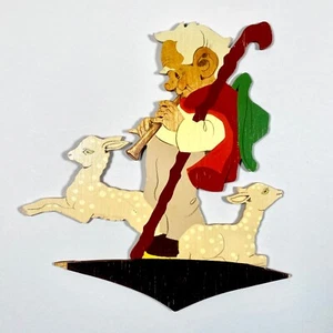 1950er Märchenholzbild: Schäfer + Grüne Augen Lämmer Hellerkunst 24cm Figur Deko - Bild 1 von 6