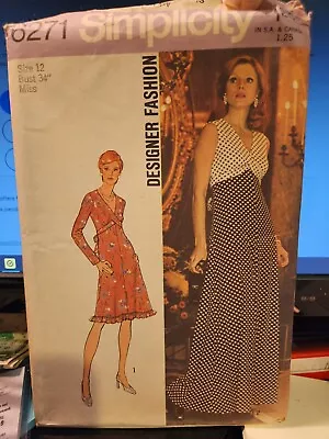 1970's SIMPLICITY Pattern 6271 Designer Fashion Misses 2 Length DRESS Size 12 - Image 1 of 2