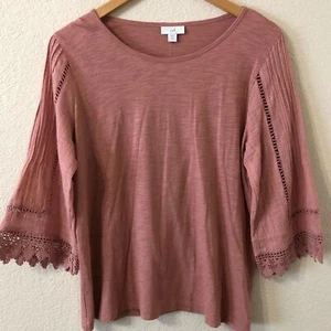 NWT J Jill Lace Bell Sleeve Peasant Top in Rose Pink - Size MP - Picture 1 of 7