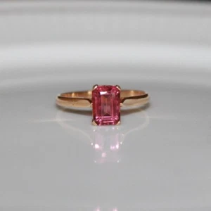Solitaire Octagon Cut Pink Tourmaline Gemstone Statement 14K Yellow Gold Ring - Picture 1 of 5