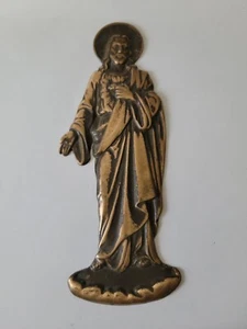 Antico cofanetto placca da parete vintage ottone bronzo Gesù Sacro Cuore ornamento 9,5" - Foto 1 di 13