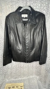 Calvin Klein Black 100% Leather Jacket Women's  Zip up Collar Unlined Large  - Picture 1 of 17