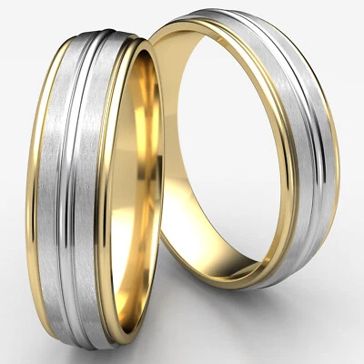 2 Tone Gold 6mm Women's Grooved Satin Comfort Fit Men's Wedding Band Ring - Image 1 of 4