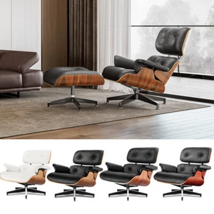 Eames Lounge Chair and Ottoman Set Swivel Armchair Real Leather Walnut Rosewood - Picture 1 of 89