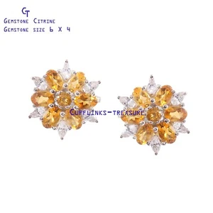 Natural Citrine & CZ Gemstones with 925 sterling silver cufflinks for Men's #666 - Picture 1 of 3