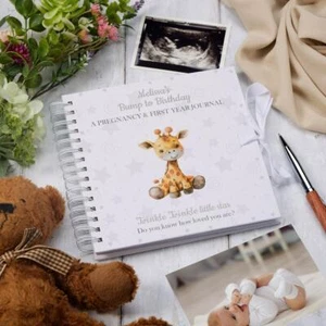 Personalised Pregnancy Journal and First Year Keepsake Record Book Giraffe Theme - Picture 1 of 18