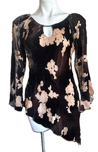 Vintage Y2K Samt Seide WhimsiGoth asymmetrische Bluse Damen 4 braun geblümt - Bild 1 von 13