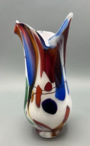 Large Murano STYLE Art Glass Vase /Bold Colors w/ White Interior. Signed ~ - Picture 1 of 7
