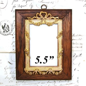 Antique French Gilt Bronze & Solid Oak 5.5" Picture Frame, Bow & Ribbon, Garland - Picture 1 of 11