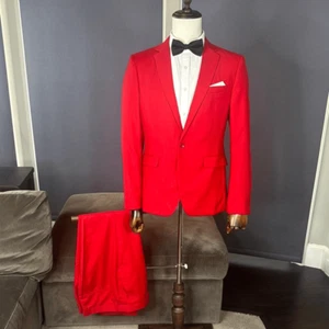 Men’s Red Slim Fit 2 Piece Prom Party Formal Suit Size 36 Jacket 32 Pants NEW - Picture 1 of 15