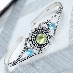 Green Peridot Cut, London Blue Topaz 925 Sterling Silver Handmade Bracelet Cuff - Picture 1 of 8