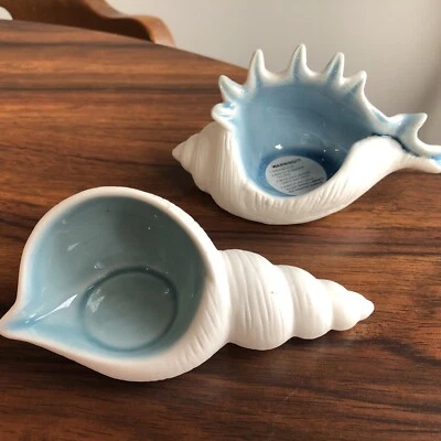 Ceramic Seashell white & blue Tea Light Holders  Beach Decor - Image 1 of 4