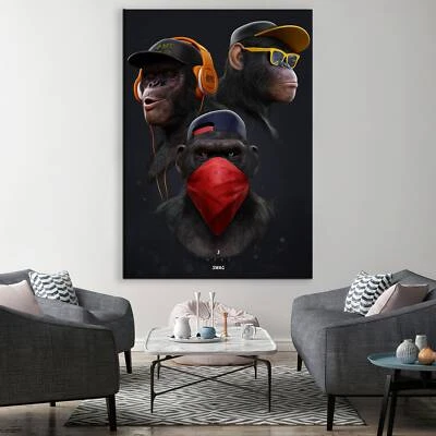 3 Monkeys Canvas, Three Monkey Wall Art, 3 Monkeys Poster Art, Animal Print Canv - Image 1 of 4