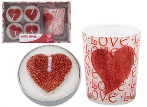 Mothers Day 5 Piece Glitter Heart Tea Lights & Glass Votive Candle Holder Set - Picture 1 of 3
