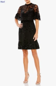 Vestido de cóctel Mac Duggal color negro adornado ilusión volantes dobladillo talla 14 - Imagen 1 de 8