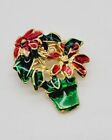 Poinsettia Flower in Pot Christmas Brooch Pin Enamel Gold tone Adorable