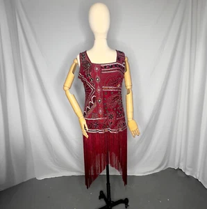 Hand-Beaded 1920s Style Burgundy Flapper Dress with Slip Size XL 14/16 Great Con - Picture 1 of 8