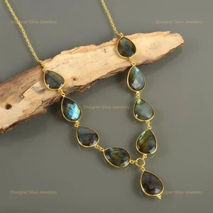 Rainbow moonstone Gemstone Labradorite Wife Beaded Necklace Yellow Gold Vermeil - Picture 1 of 8