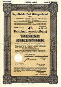 Steyr-Daimler-Puch AG, 4% Teilschuldv. A, 1942 (1.000 RM) ungelocht + Coupons !! - Bild 1 von 3