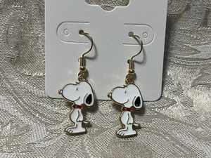 Snoopy Gold Loop Enamel Drop Dangle Adorable Earring Set - Picture 1 of 2