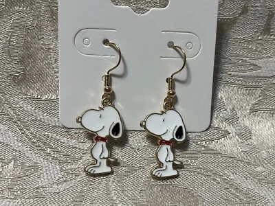 Snoopy Gold Loop Enamel Drop Dangle Adorable Earring Set - Image 1 of 2