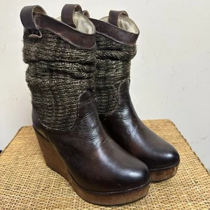 BED STU Bruges Teak Rustic Brown Leather Bootie Boots Slouch Wooden Wedge Sz 7.5 - Picture 1 of 10