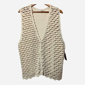 Vintage 100% Silk Chaus Crochet Button Front Cardigan Boho Sweater Vest Large - Picture 1 of 8
