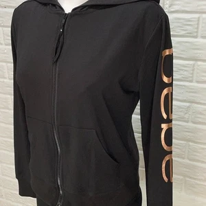 bebe Lightweight Hoodie Top Womens Medium Black Gold Sleeve Spell Out Full Zip - Picture 1 of 9