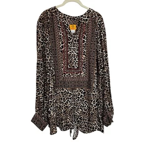 Ruby Rd Woman Blouse 3X Leopard Animal Print Tie Front Stud Embellished Rayon - Picture 1 of 7