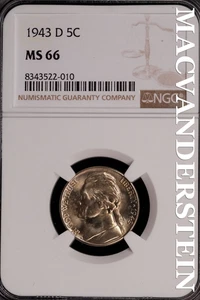 1943-D Jefferson Nickel - NGC MS 66 - Brilliant Uncirculated Lustrous #SLG240 - Picture 1 of 2