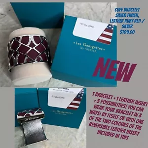 Les Georgettes Cuff Bracelet Silver Ruby Red W Reversble Leather Interchangeable - Picture 1 of 12