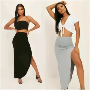 WOMENS LADIES RUCHED SIDE SPLIT SLIT MAXI SKIRT DRESS SIZE - Picture 1 of 13