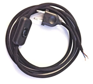 Textilkabel-Zuleitung Lampenkabel 2x0,75 Eurostecker Schalter Schwarz Premium 2m - Bild 1 von 5