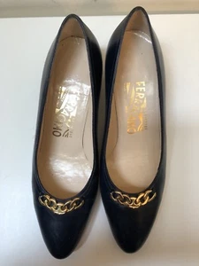 Vintage SALVATORE FERRAGAMO Navy Blue Calf Leather Shoes In Original Box 7B - Picture 1 of 12
