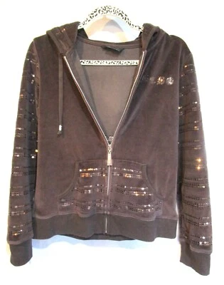 BCBG Juniors L Stretch velvet Brown Hooded sequined Jacket Kangaroo pocket - Image 1 of 4