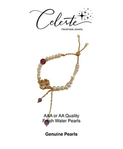 Four Leaf Clover Real Fresh Water Pearl Gold Bead Bracelets Gift - Picture 1 of 4