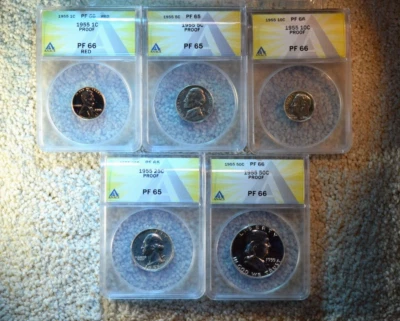 1955 US SILVER PROOF SET ANACS CERTIFIED PROOF SET PF-66RED/65/66/65/66!   #99 - Image 1 of 4