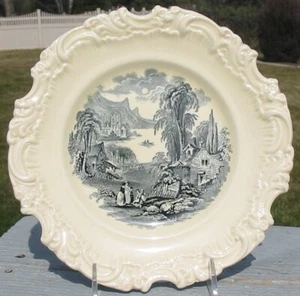Vtg Royal Doulton Black Transferware Creamware Scene French Cottage Plate Cutawa - Picture 1 of 4