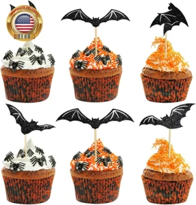 24PCS Halloween Cupcake Toppers Halloween Cake Decorations Halloween Bats Black - Picture 1 of 7