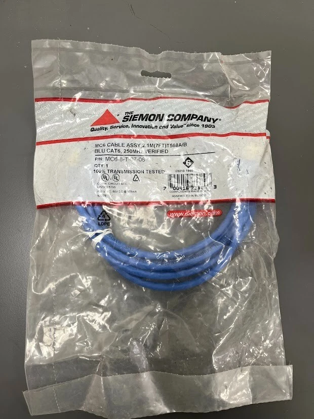 (4pack)SIEMON MC6-8-T-07-06 MC6 Cable Assy, 2.1M (7FT) T568A/B BLUE CAT6 250 MHZ - Image 1 of 1