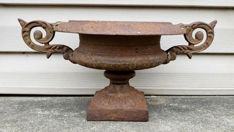 Antique Ornate Cast Iron Urn Double Handled Victorian Garden Planter Plant Decor Cover