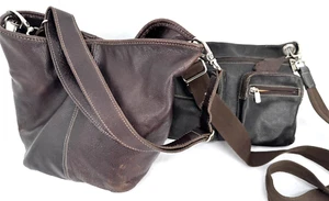 VTG ROOTS Canada Brown Luxury Leather Hobo Messenger Shoulder Set of 2 Bags - Picture 1 of 17